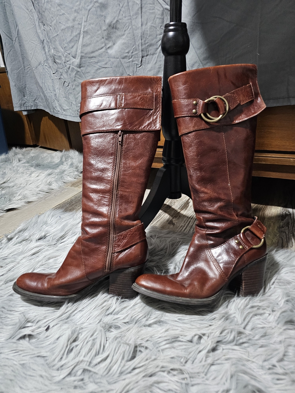 Women's Red/Brown Leather Mid-Calf Heeled Boots with Buckle Ring Detail